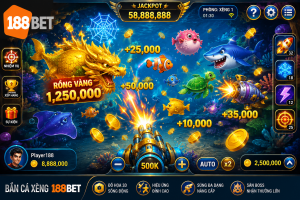 Giao diện Bắn Cá Xèng 188BET với nhiều loại cá, boss khổng lồ, súng bắn hiện đại