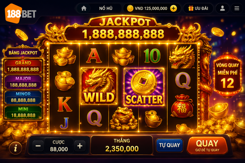 Vòng quay nổ hũ trên giao diện 188BET với các biểu tượng Wild, Scatter và bảng Jackpot