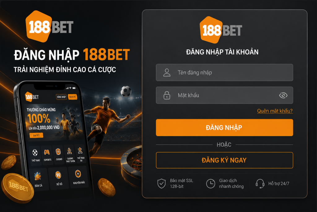 Giao diện đăng nhập 188BET trên điện thoại và máy tính với biểu mẫu tài khoản hiện đại
