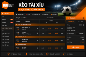 Giao diện kèo Tài Xỉu 188BET hiển thị tỷ lệ cược Over Under trên trận đấu bóng đá trực tuyến.