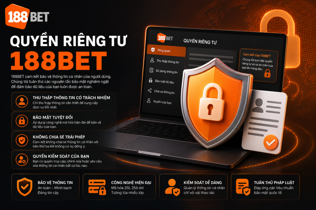 Giao diện quyền riêng tư 188BET hiển thị các nguyên tắc bảo vệ thông tin và dữ liệu người dùng