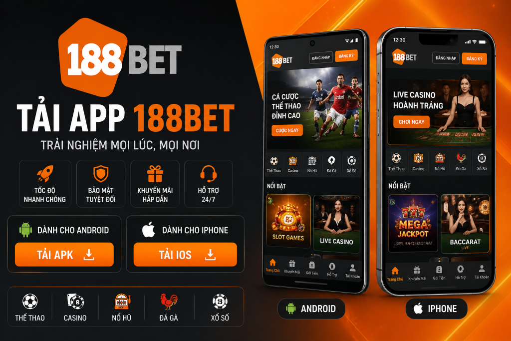 Giao diện tải app 188BET trên điện thoại Android và iPhone với các nút tải xuống rõ ràng.