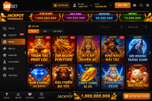 Sảnh game nổ hũ 188BET hiển thị nhiều máy slot hiện đại